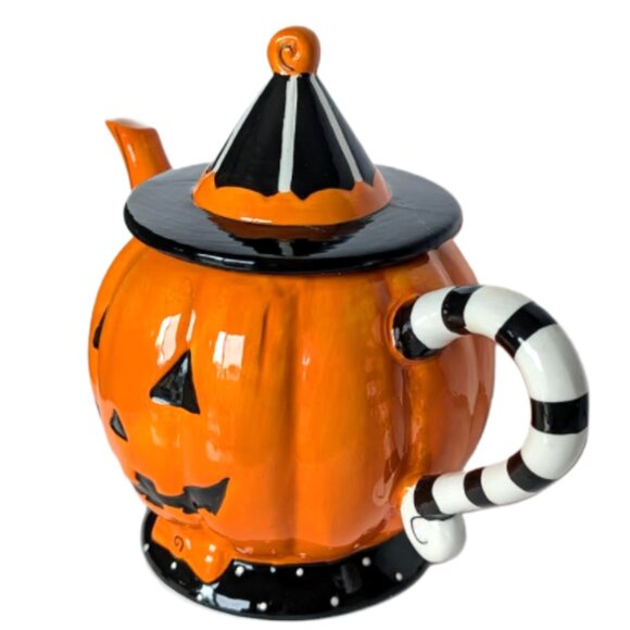 Halloween Orange and Black Pumpkin Jack O Lantern Teapot by Arlington Designs - Picture 2 of 6